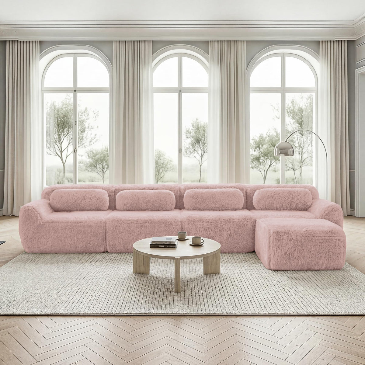 Sofá modular combinable en forma de L de 4 plazas, tejido de felpa con cojines, espuma de alta elasticidad, diseño chaise longue para salón o dormitorio (negro)