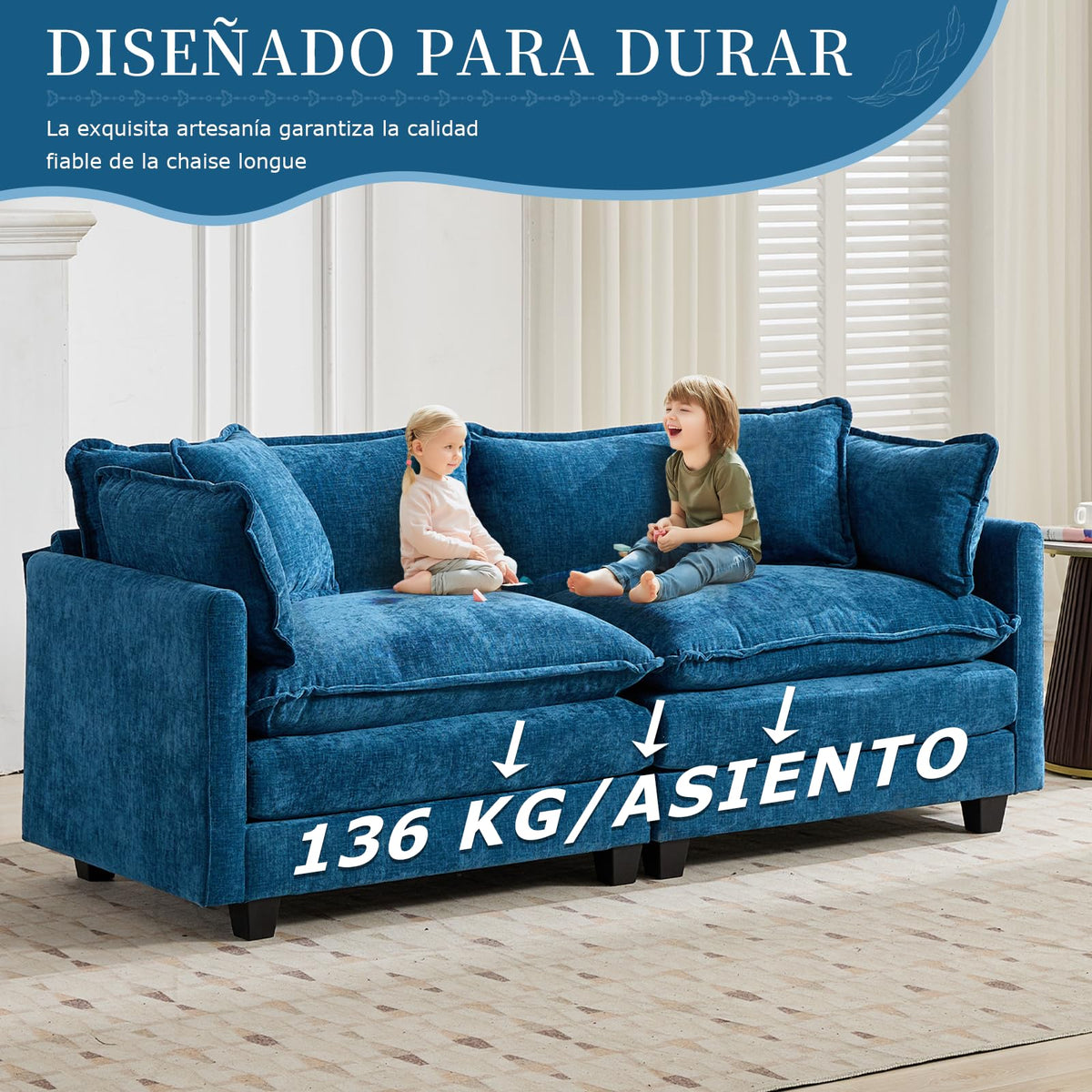 Sofá de salón modular 4 plazas 380cm, chenilla azul con cojines dobles