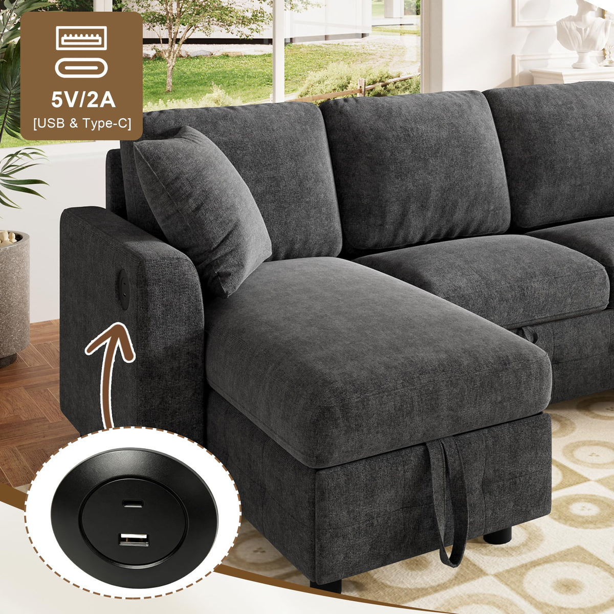 LAKFEW Sofa Cama con Cama Extensible y Taburete Almacenaje, Sofa Rinconera con USB, Lámpara de Lectura, Mesa Plegable con 2 Posavasos, 205x205x85 cm, Gris