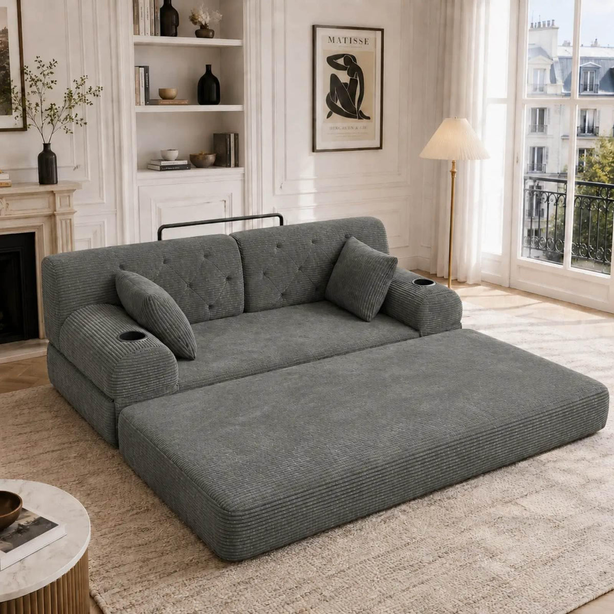 YEHTOKHOME - Sofá de Velor acanalado con respaldo alto y estructura metálica, sofá moderno de 2 plazas con 2 portavasos y 4 bolsillos laterales, para salón, dormitorio (Beige)
