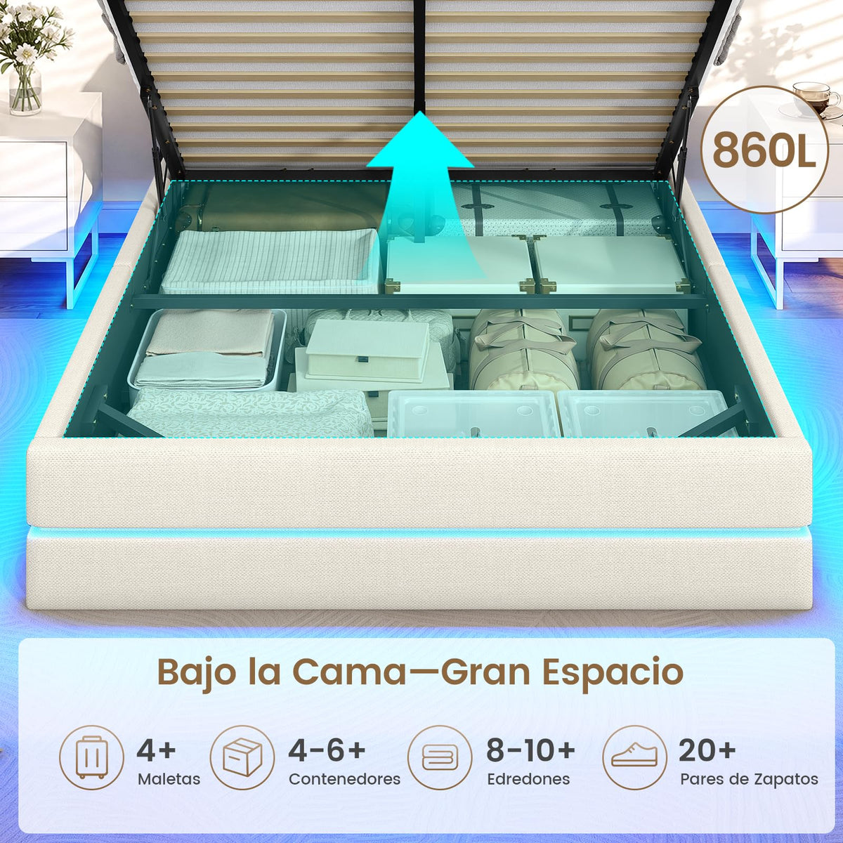 AOGLLATI Cama Matrimonial 140x190 cm con Almacenamiento Hidráulico, Lino