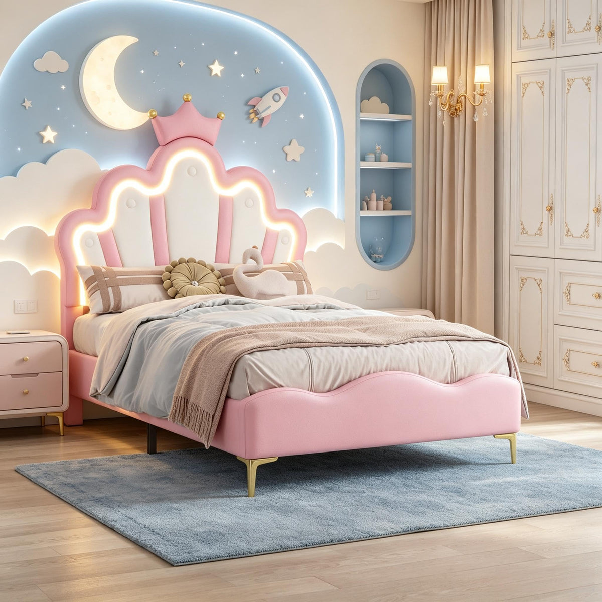 Cama Infantil tapizada 140 x 200 cm con LED, Cama tapizada para niños 140 x 200 con cabecera Ajustable Marco de Camas, Camas de Princesa para Niña en Forma de Corona con Somier(Rosa, 140 x 200)