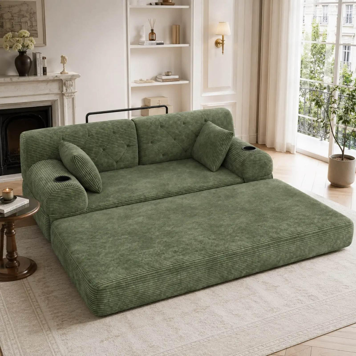 YEHTOKHOME - Sofá de Velor acanalado con respaldo alto y estructura metálica, sofá moderno de 2 plazas con 2 portavasos y 4 bolsillos laterales, para salón, dormitorio (Beige)