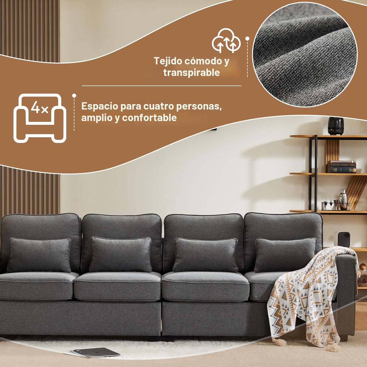 Sofá moderno de 4 plazas, en tejido de lino, soporte para bebidas, 2 puertos de carga USB con cable, bolsillos en reposabrazos y 4 cojines, sofá sencillo para sala de estar
