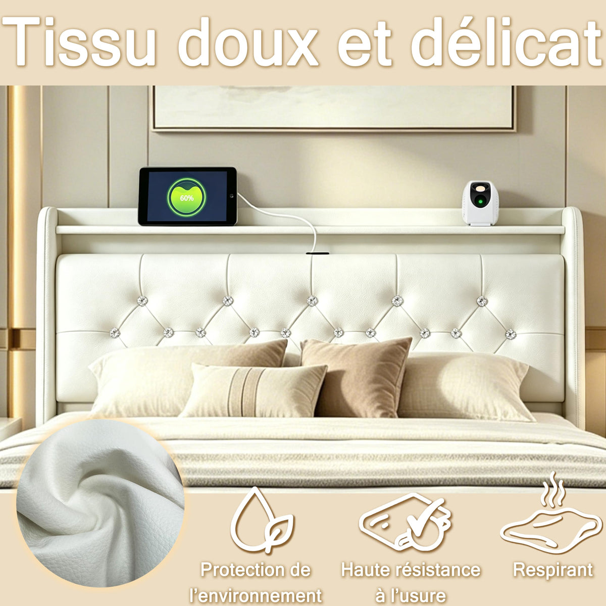 Armazón de Cama de Cuero 140x200cm con luz LED, Blanco