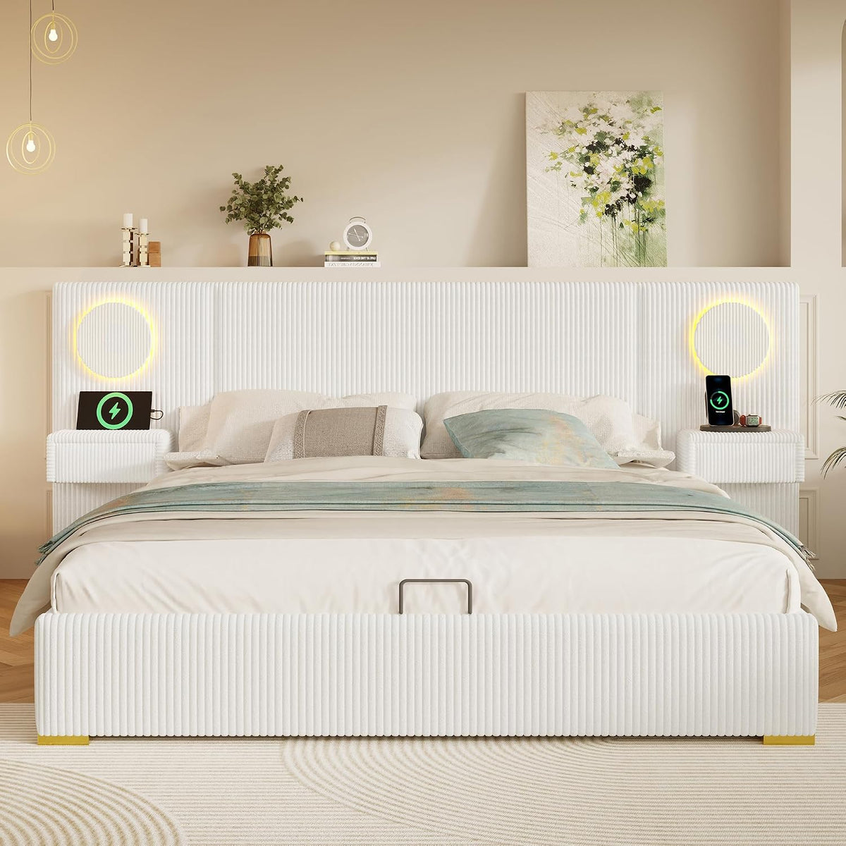 Moimhear Cama tapizada de terciopelo, cabecero LED, conectores USB, almacenamiento hidráulico