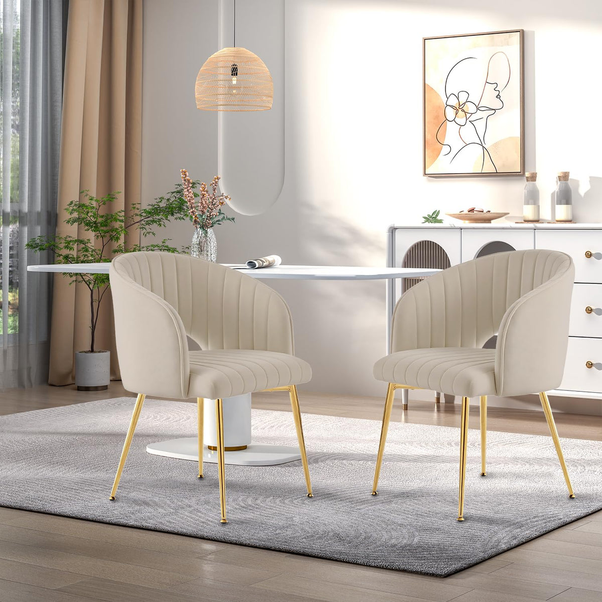 Juego de 6 sillas de comedor de terciopelo, sillas tapizadas con reposabrazos, patas doradas, sillas de cocina, para salón, dormitorio, oficina (6, blanco crema)