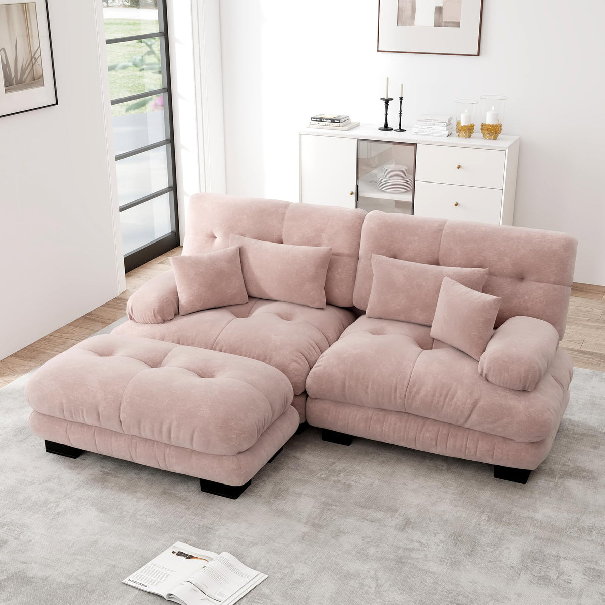 Sofá seccional Cloud en forma de L de 4 plazas con otomana móvil, ciniglia paisaje residencial con asiento profundo y reposabrazos anchos, gran sofá de sala para apartamento