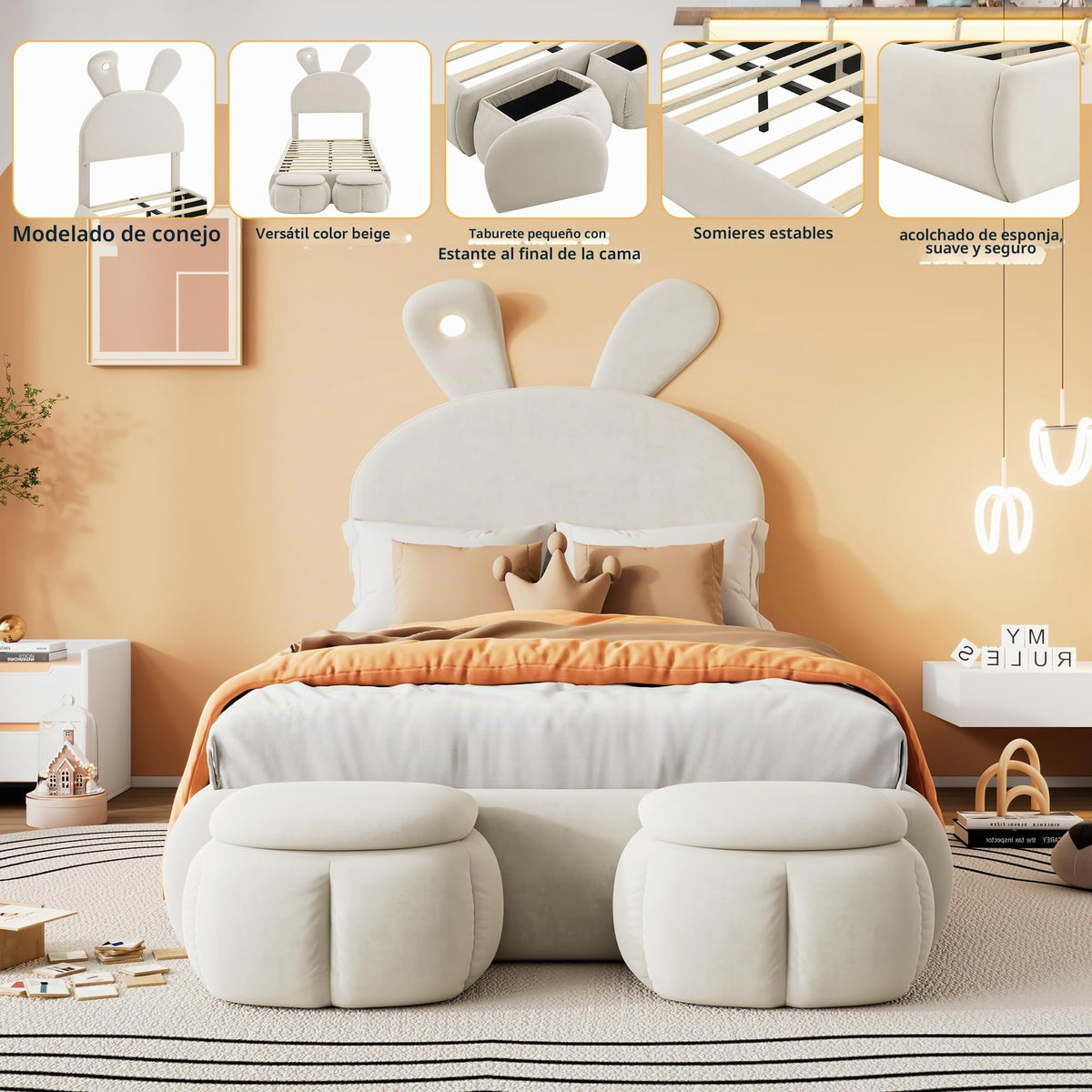 Soweiz Cama tapizada, cama individual, con orejas de conejo y tiras de luz de color cálido con brillo ajustable, con dos cajones de almacenamiento, cama infantil con somier de madera, terciopelo