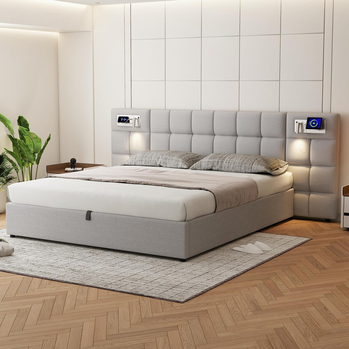 Cama 180x200 cm Camas Matrimoniales con LED y Lámpara de Noche, Cama Doble Tapizada con USB y Cabecero Ancho, Almacenaje Hidráulico, Soporte de Lamas de Madera, Terciopelo, Sin Colchón, Gris