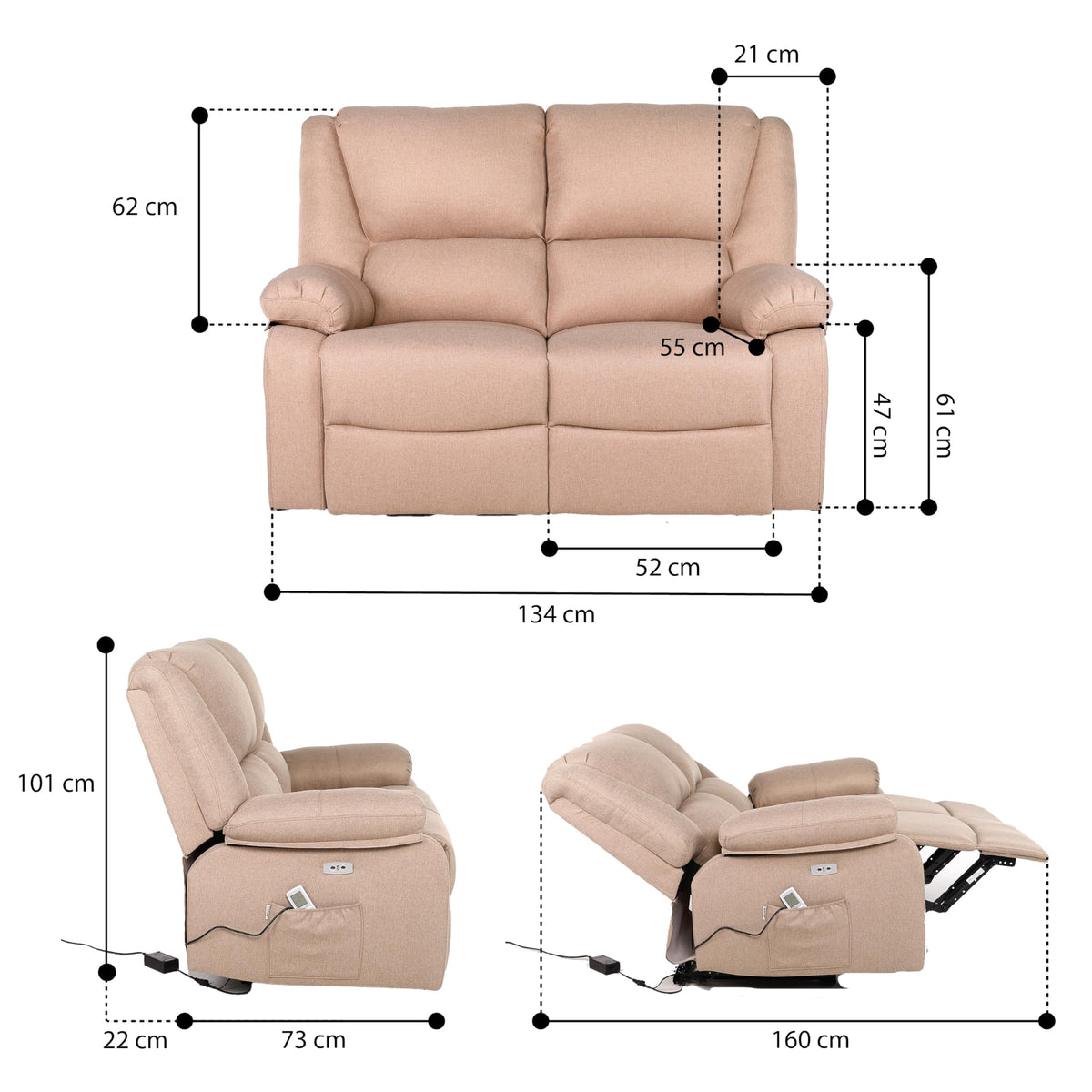 ECODE® Sofa 2 Plazas de Tela con Reclinacion Electrica y Masaje