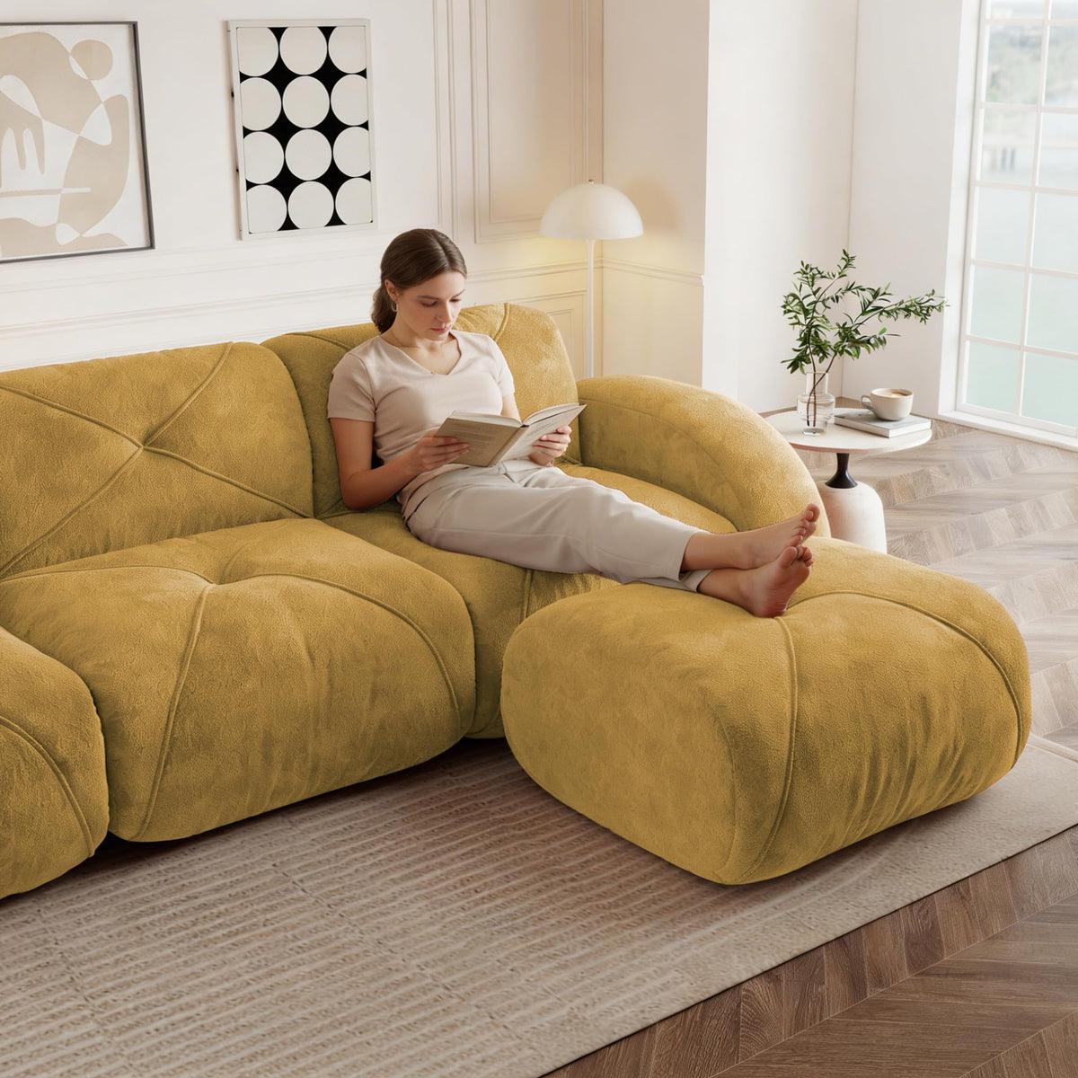 Sofá de esquina en forma de L de 4 plazas con reposapiés, sofá modular Cloud sin marcos de chenilla, sofá de estar suave, antideslizante, combinable de forma flexible, sin montaje, salón color