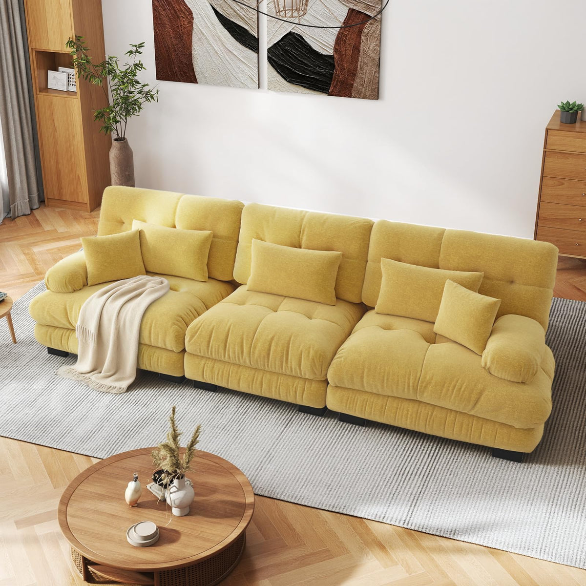 SoarFlash Sofá U Modular de 4 plazas para salón Moderno, sofá Nube de Tela Chenille con reposabrazos, Color Amarillo, 145×406 cm