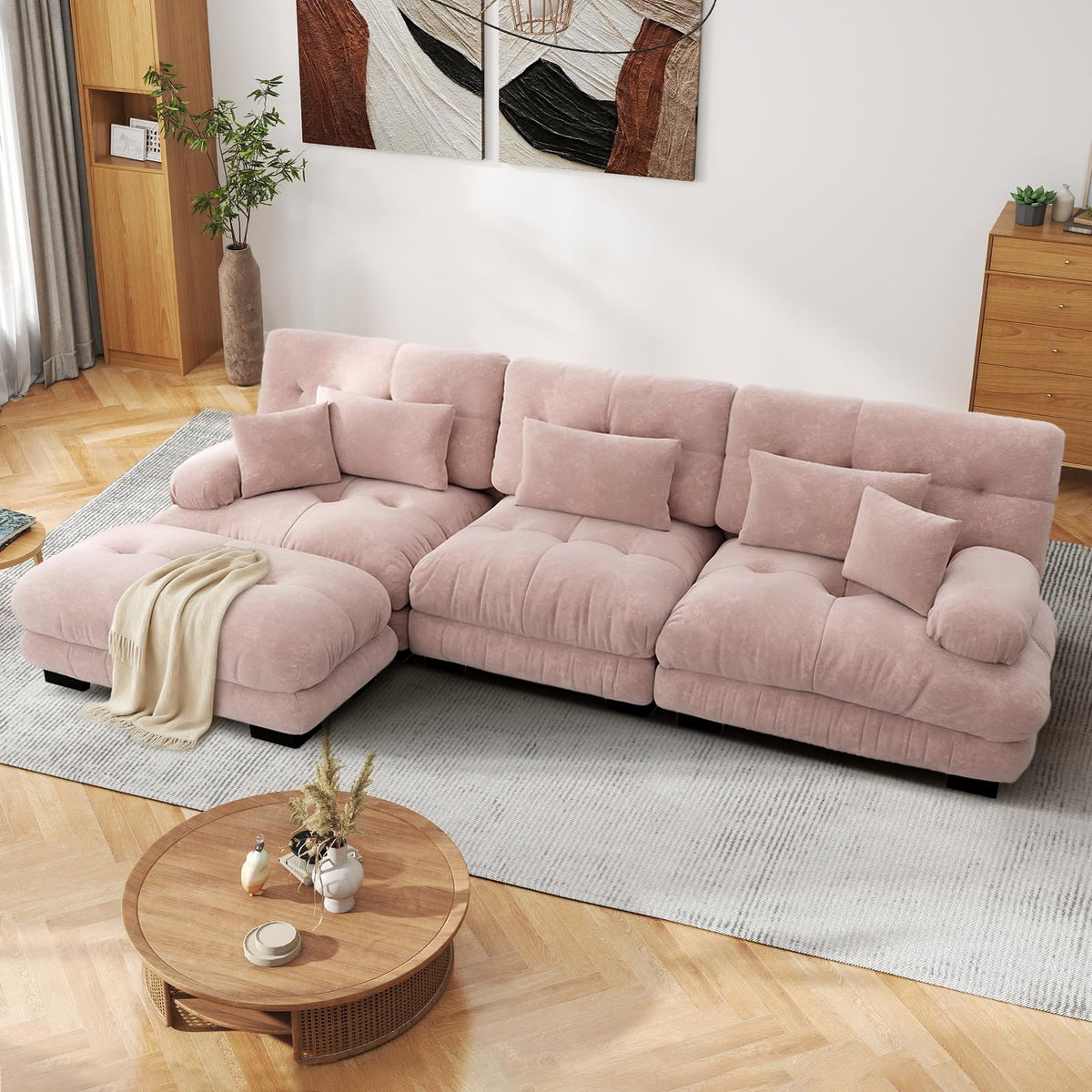 SoarFlash Sofá U Modular de 4 plazas para salón Moderno, sofá Nube de Tela Chenille con reposabrazos, Color Amarillo, 145×406 cm