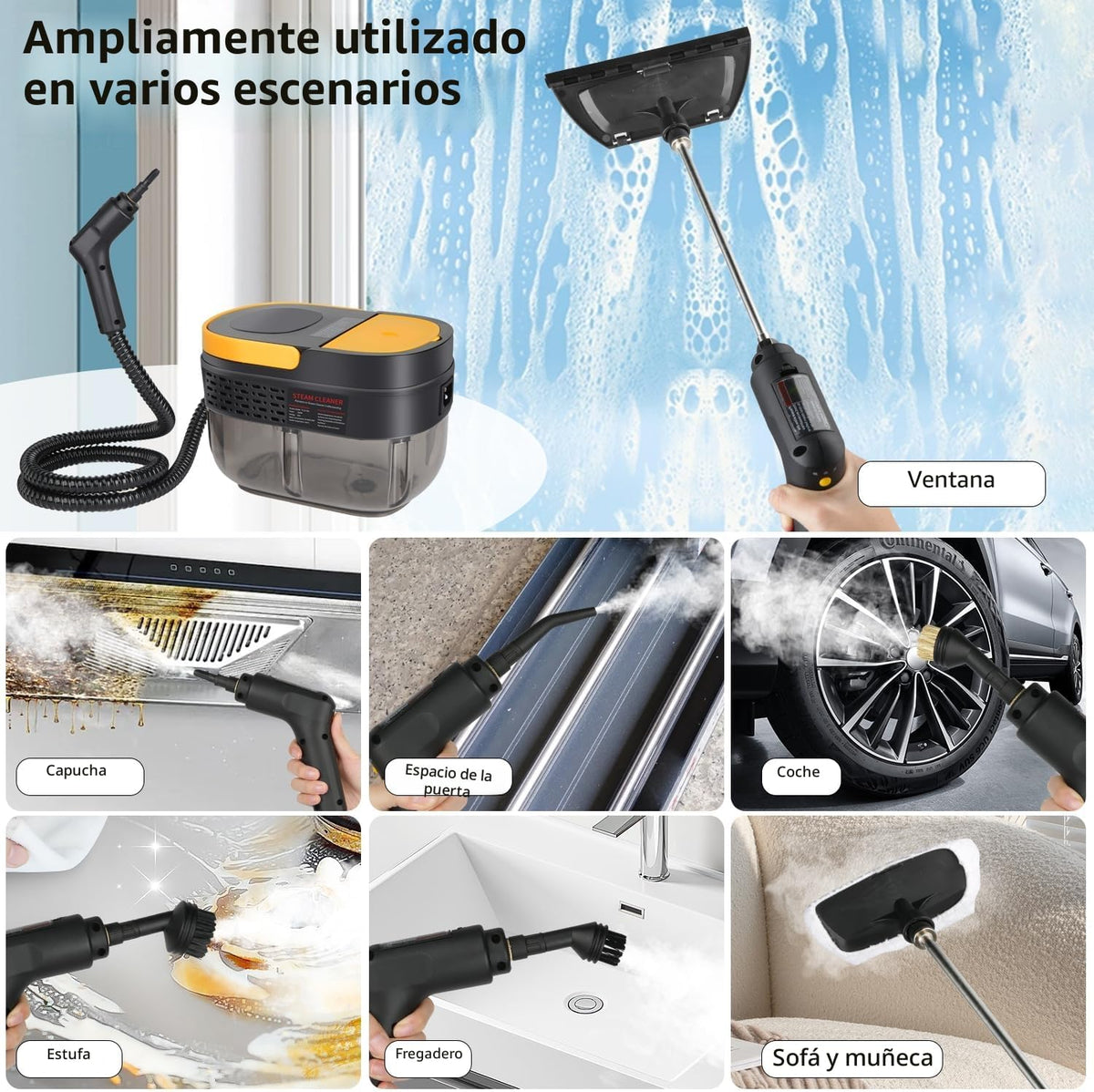 Vaporeta Limpieza Hogar 2500W, Depósito de Agua 1600ML, Mango Regulable en 3 Niveles, Alta Temperatura 105℃ y Presión 3Bar, Calentamiento Rápido 15s, 10 Accesorios, para Coche, Cocina (Amarillo)