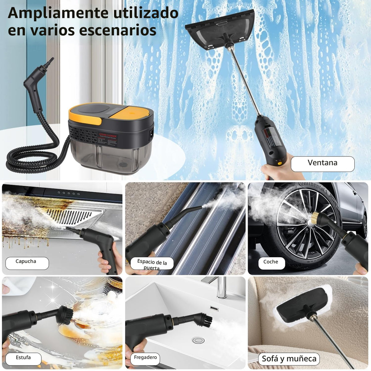 Vaporeta Limpieza Hogar 2500W, Depósito de Agua 1600ML, Mango Regulable en 3 Niveles, Alta Temperatura 105℃ y Presión 3Bar, Calentamiento Rápido 15s, 10 Accesorios, para Coche, Cocina (Amarillo)
