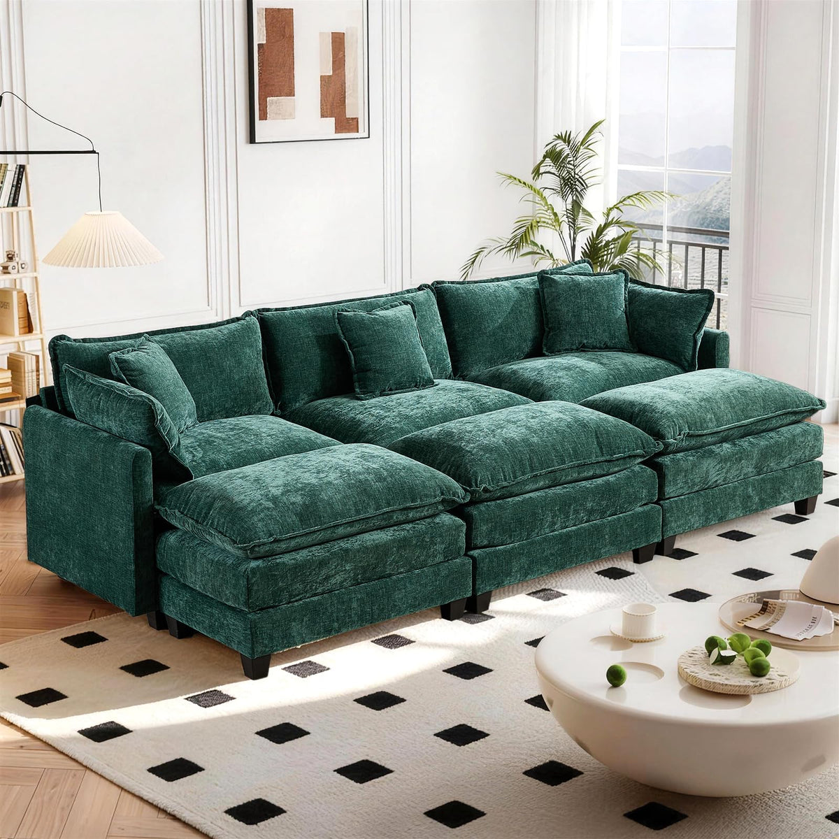 Sofá de salón modular 4 plazas 380cm, chenilla azul con cojines dobles