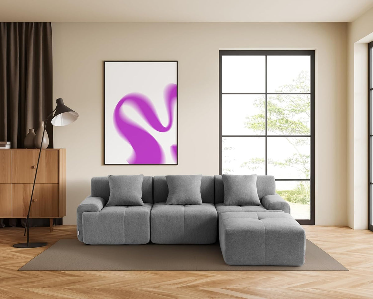 Sofá Modular 3 plazas con Chaise Longue, tapizado en Chenilla, Fundas de Cojines desenfundables (Gris Mineral, 3 plazas con Chaise Longue)