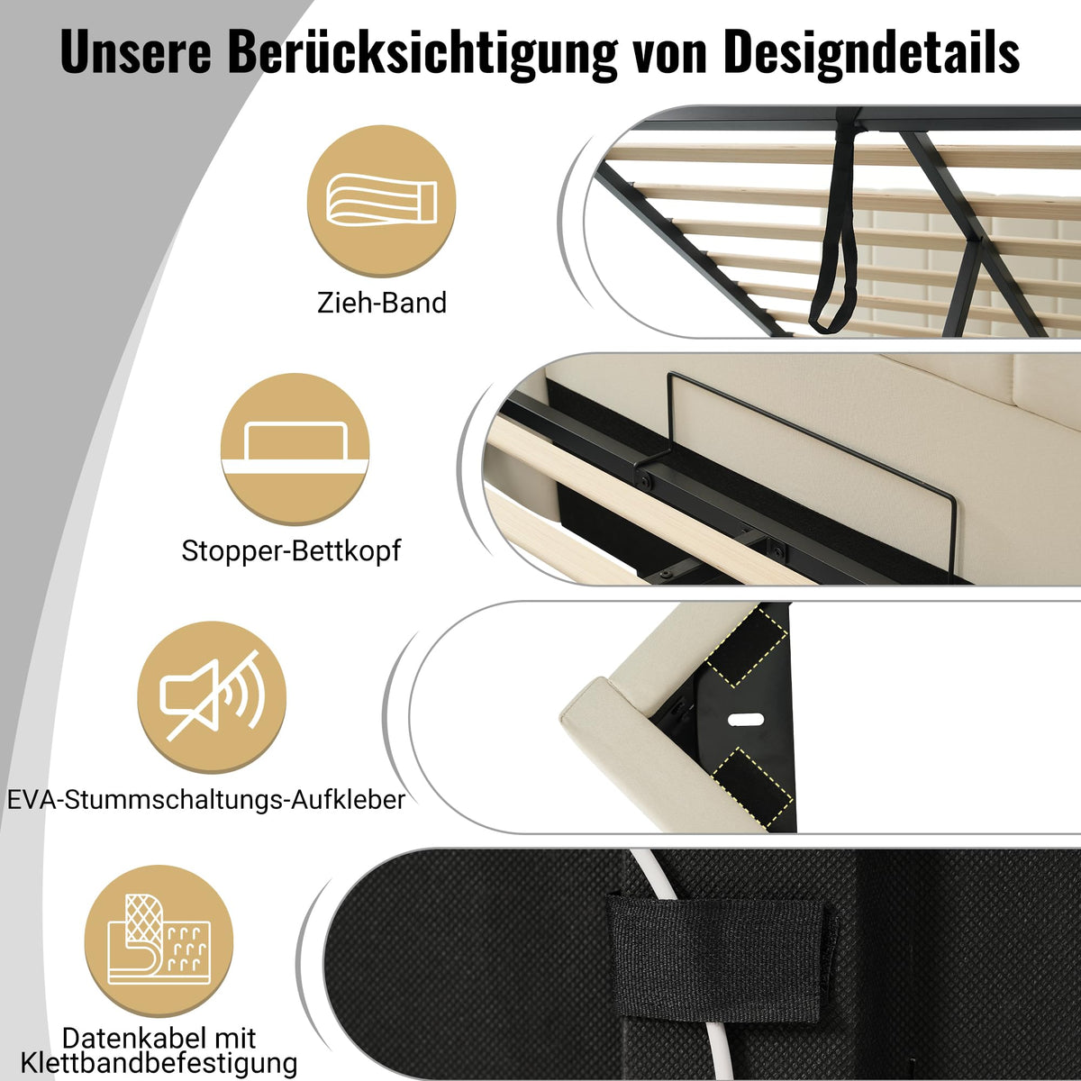 Cama tapizada 180×200cm, Cama Doble con canapé con LED y función de Carga USB-C, PU, sin colchón ni mesita de Noche (Blanco, 180 x 200 cm)