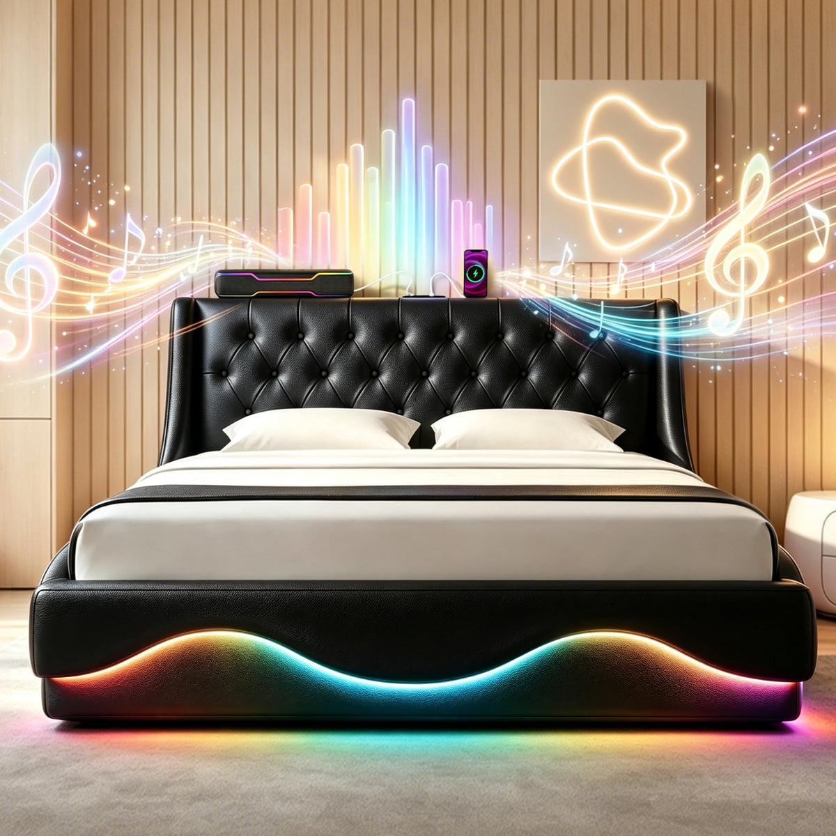 Armazón de Cama de Cuero 140x200cm con luz LED, Blanco