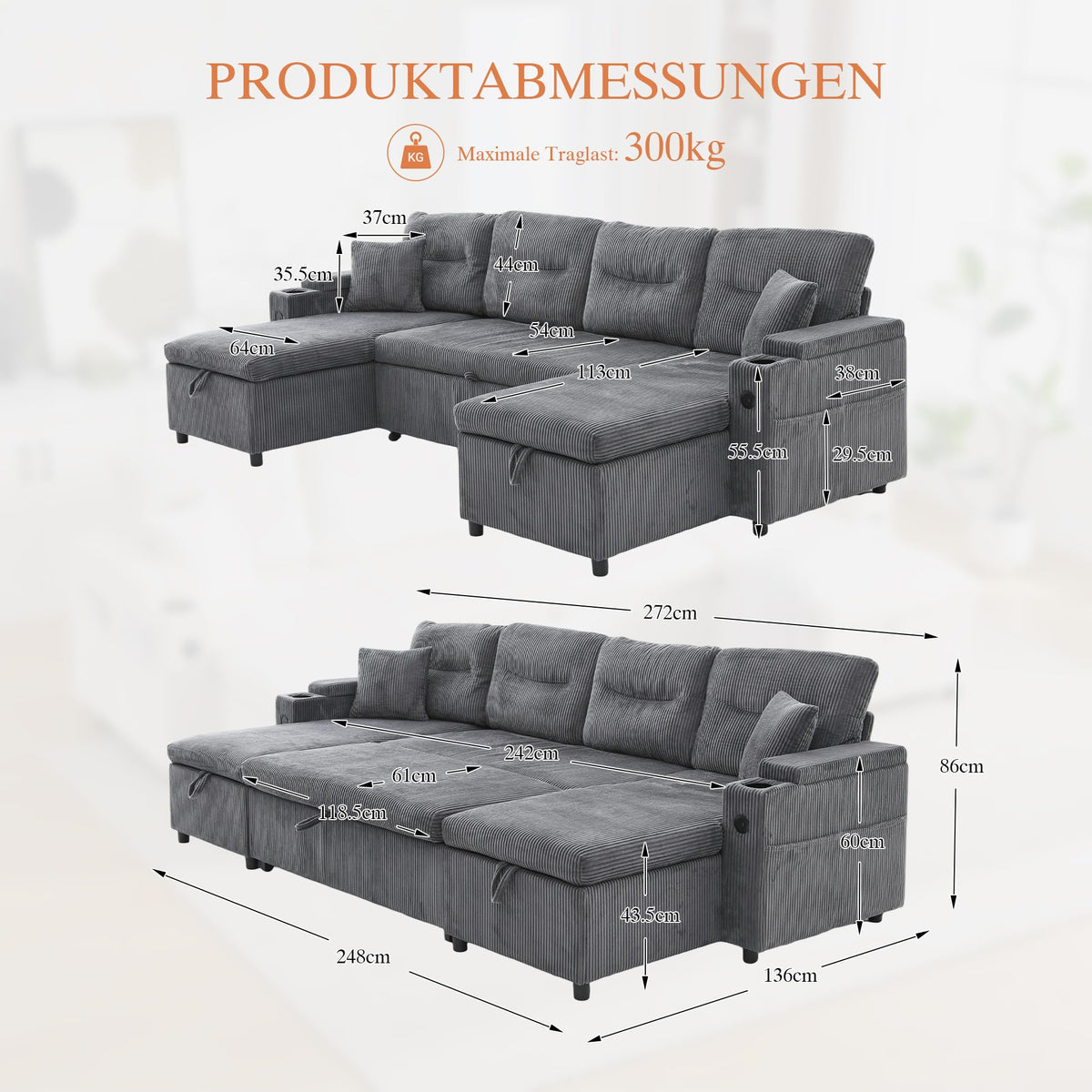 Dolamaní Sofá moderno de 4 plazas de tela de lino con espacio de almacenamiento y función de dormir, sofá cama con cajonera extensible en forma de L para casa y salón (beige B)