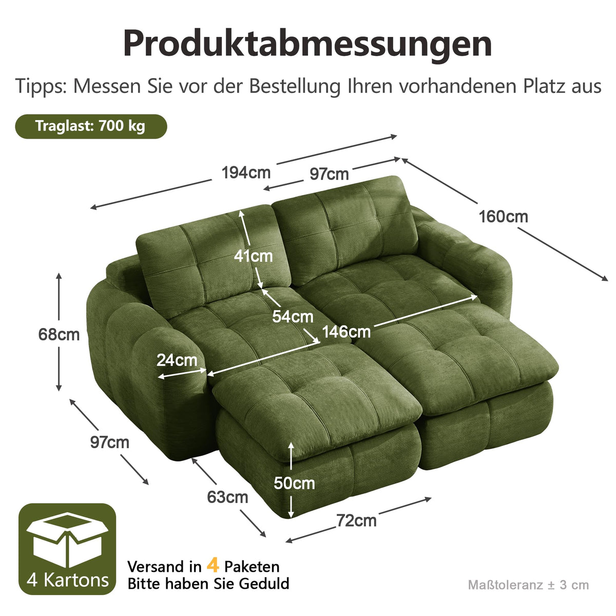 Sofá de 3 plazas con 1 taburete chenilla beige
