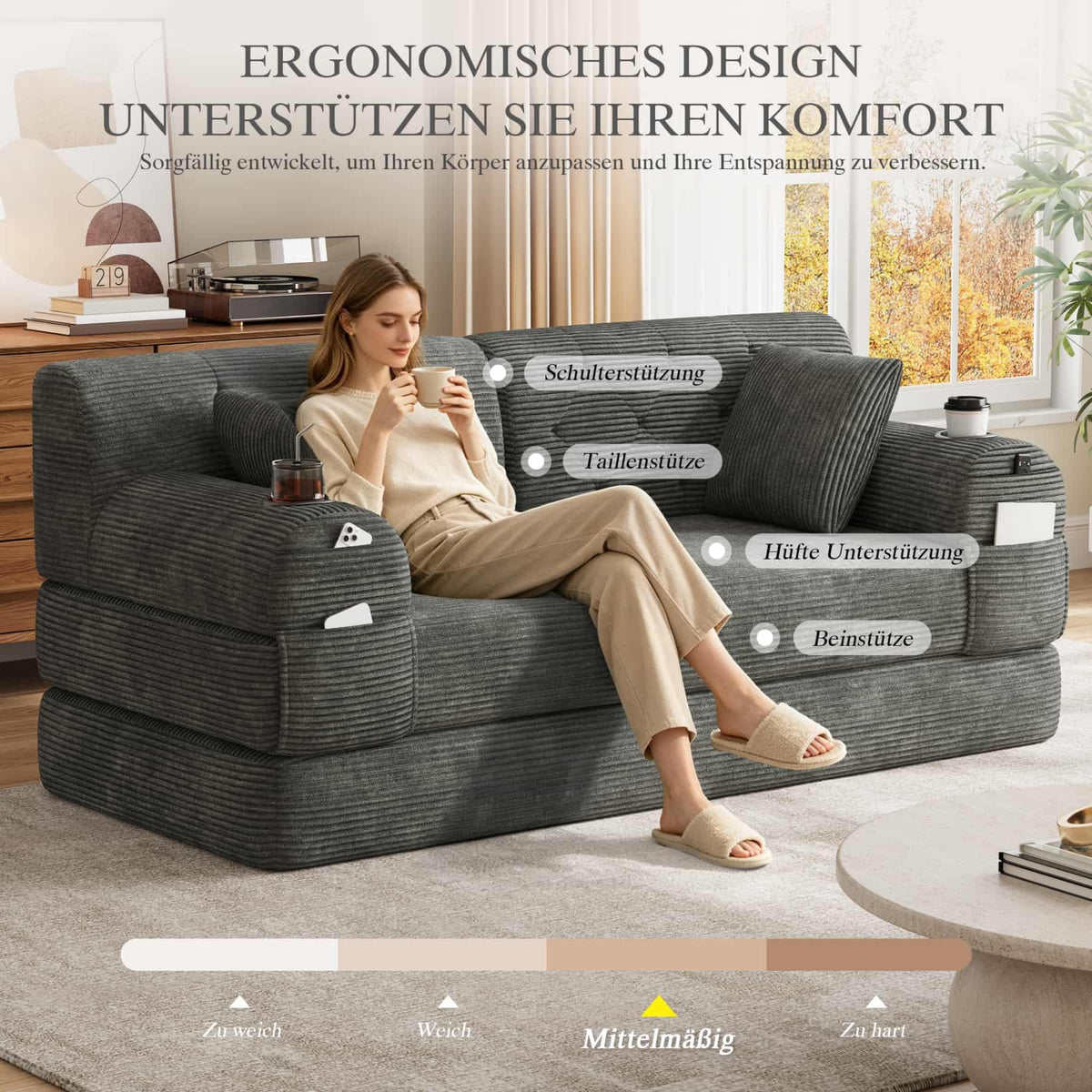 YEHTOKHOME - Sofá de Velor acanalado con respaldo alto y estructura metálica, sofá moderno de 2 plazas con 2 portavasos y 4 bolsillos laterales, para salón, dormitorio (Beige)