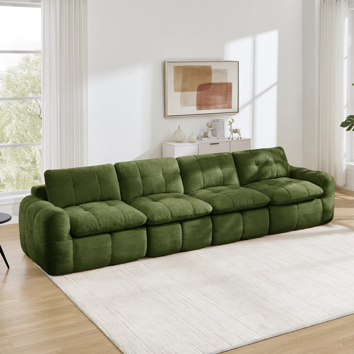 Sofá de 3 plazas con 1 taburete chenilla beige