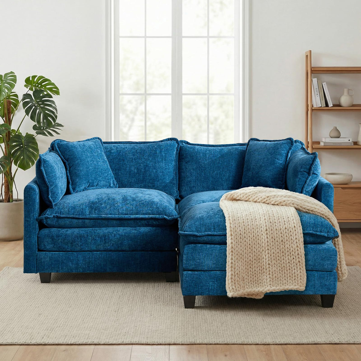 Sofá de salón modular 4 plazas 380cm, chenilla azul con cojines dobles