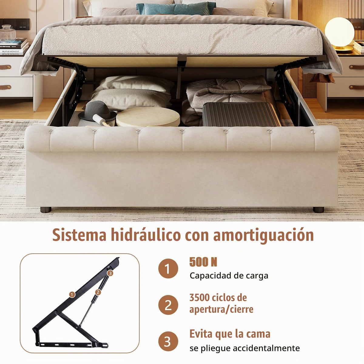 BRILVERDE Cama Tapizada 140x200 con Almacenamiento hidráulico, Cama matrimonial con Toma USB y luz LED, Cabecero Acolchado y Base de Láminas, Terciopelo (Beige, 140 x 200 cm)