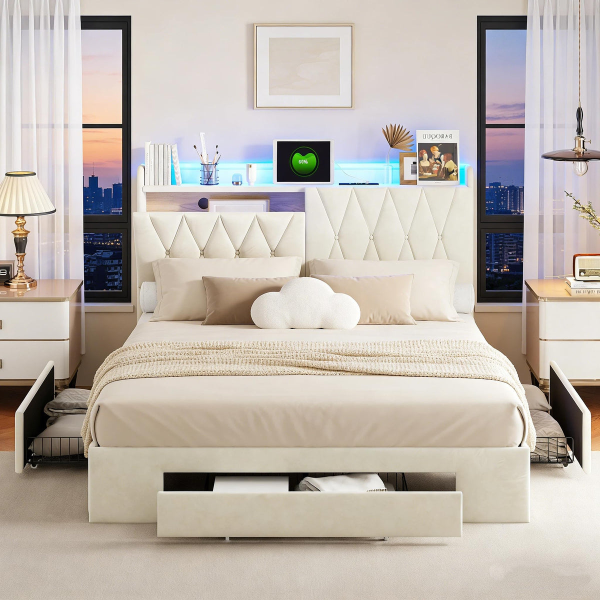 BRILVERDE Cama Tapizada 160x200 con Almacenamiento, Cama matrimonial con cajones, Cama Nido con LED, Cabecero Acolchado y Base de Láminas, Terciopelo (Beige, 160 x 200 cm)