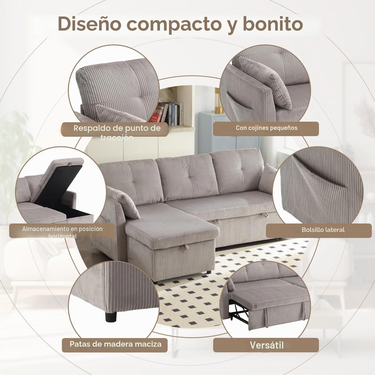 Lubvtti Sofá cama de 3 plazas moderno con función de cama, con espacio de almacenamiento, cargador USB, reposabrazos portaobjetos y 2 cojines, sofá de esquina en L, sofá de 3 plazas, chenilla (C-gris)
