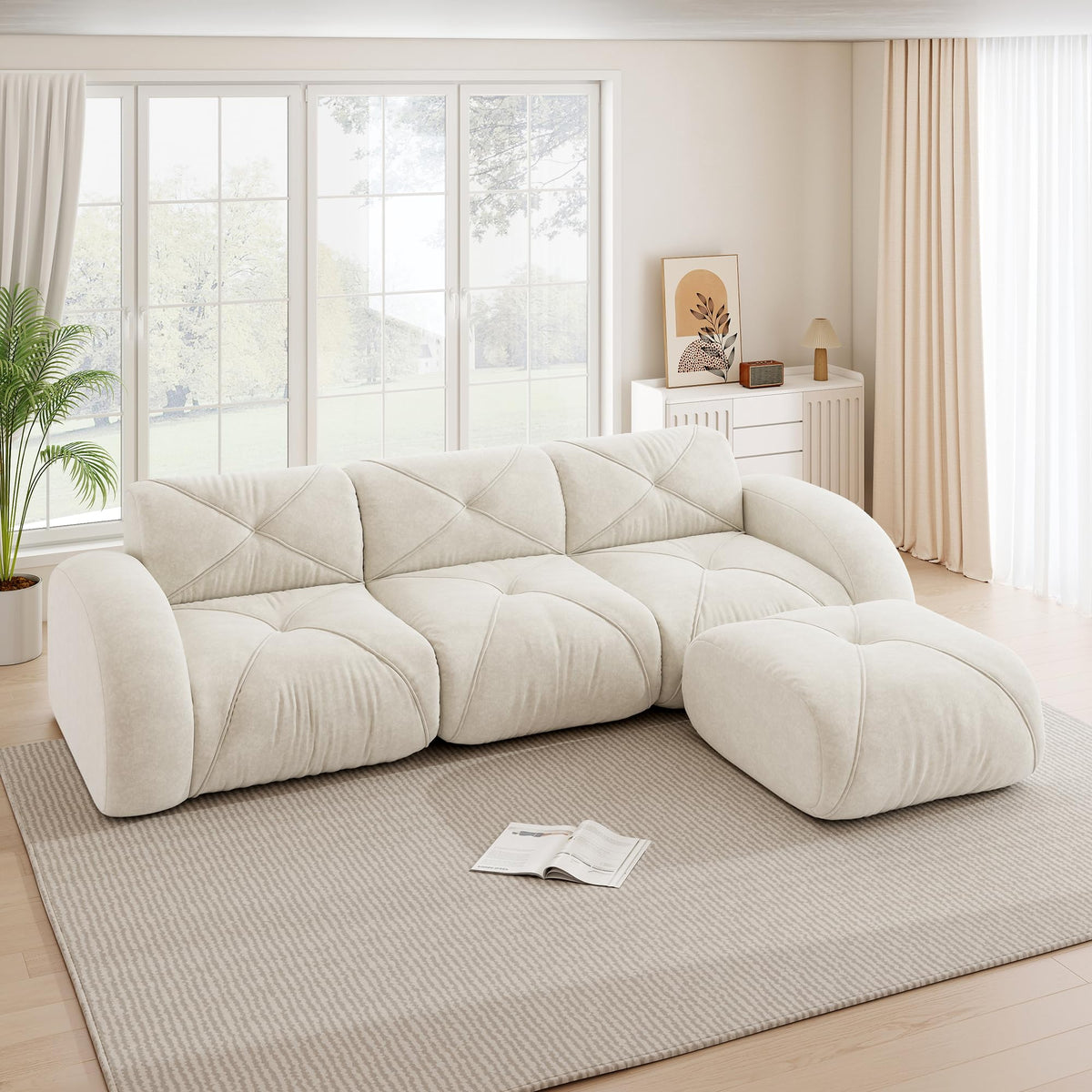 Sofá de esquina en forma de L de 4 plazas con reposapiés, sofá modular Cloud sin marcos de chenilla, sofá de estar suave, antideslizante, combinable de forma flexible, sin montaje, salón color
