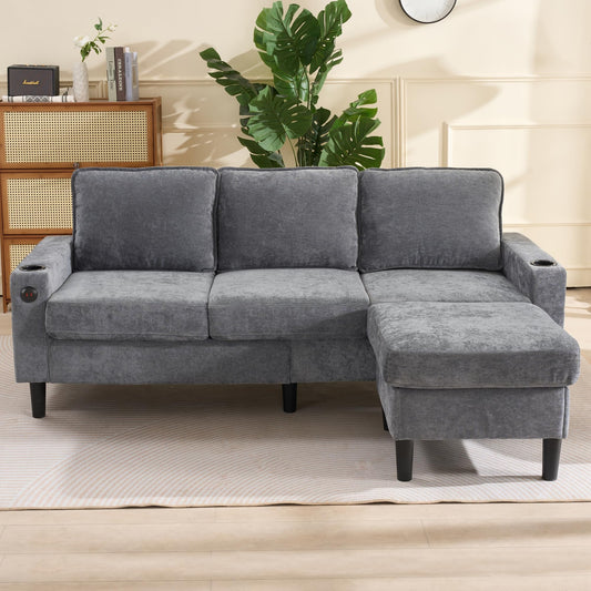 Sofá tapizado con puertos USB y tipo C, sofá de 3 plazas con dos portavasos para salón, apartamento, dormitorio, sofá cama en forma de L, lino (beige)