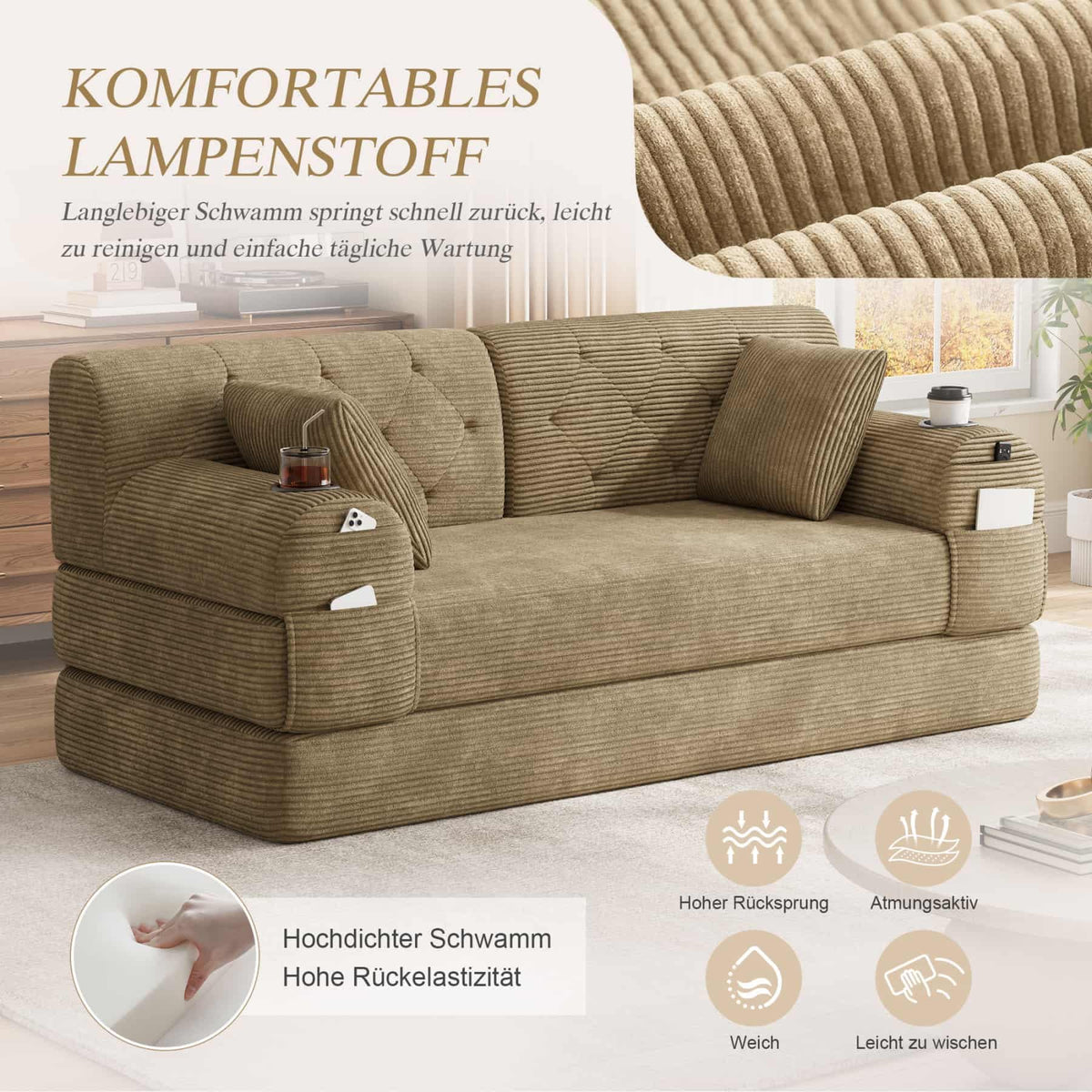 YEHTOKHOME - Sofá de Velor acanalado con respaldo alto y estructura metálica, sofá moderno de 2 plazas con 2 portavasos y 4 bolsillos laterales, para salón, dormitorio (Beige)