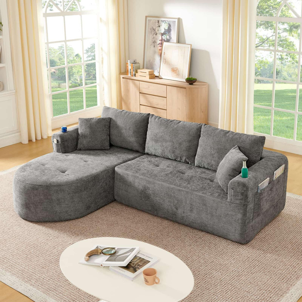 KOMHTOM Sofá Chaise Longue en L con Cojines (Negro)