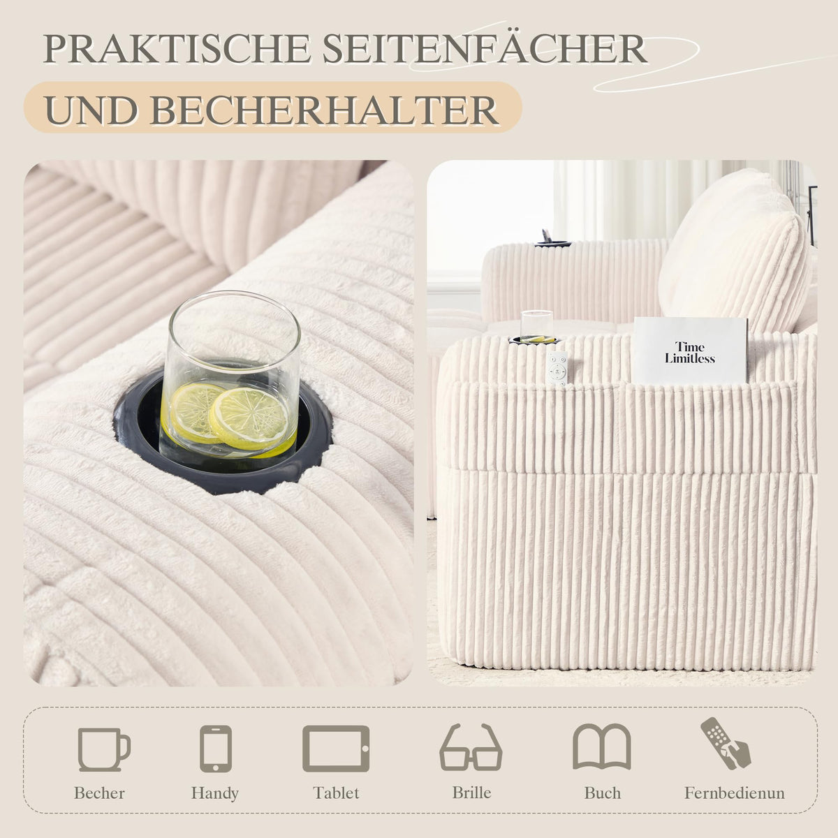 Dolamaní Sofá compacto de 3 plazas de pana con 3 cojines, sofá esquinero en forma de L con función de dormir, suave y modular, asiento extraprofundo, sin montaje, para salón (gris oscuro)