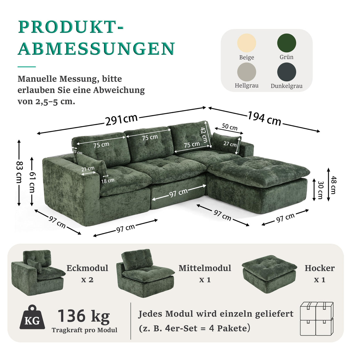 Sofá modular de 3 plazas con función de dormir, asiento extra profundo, felpilla para el hogar, sofá sin marco, sofá cama flexible para salón, verde