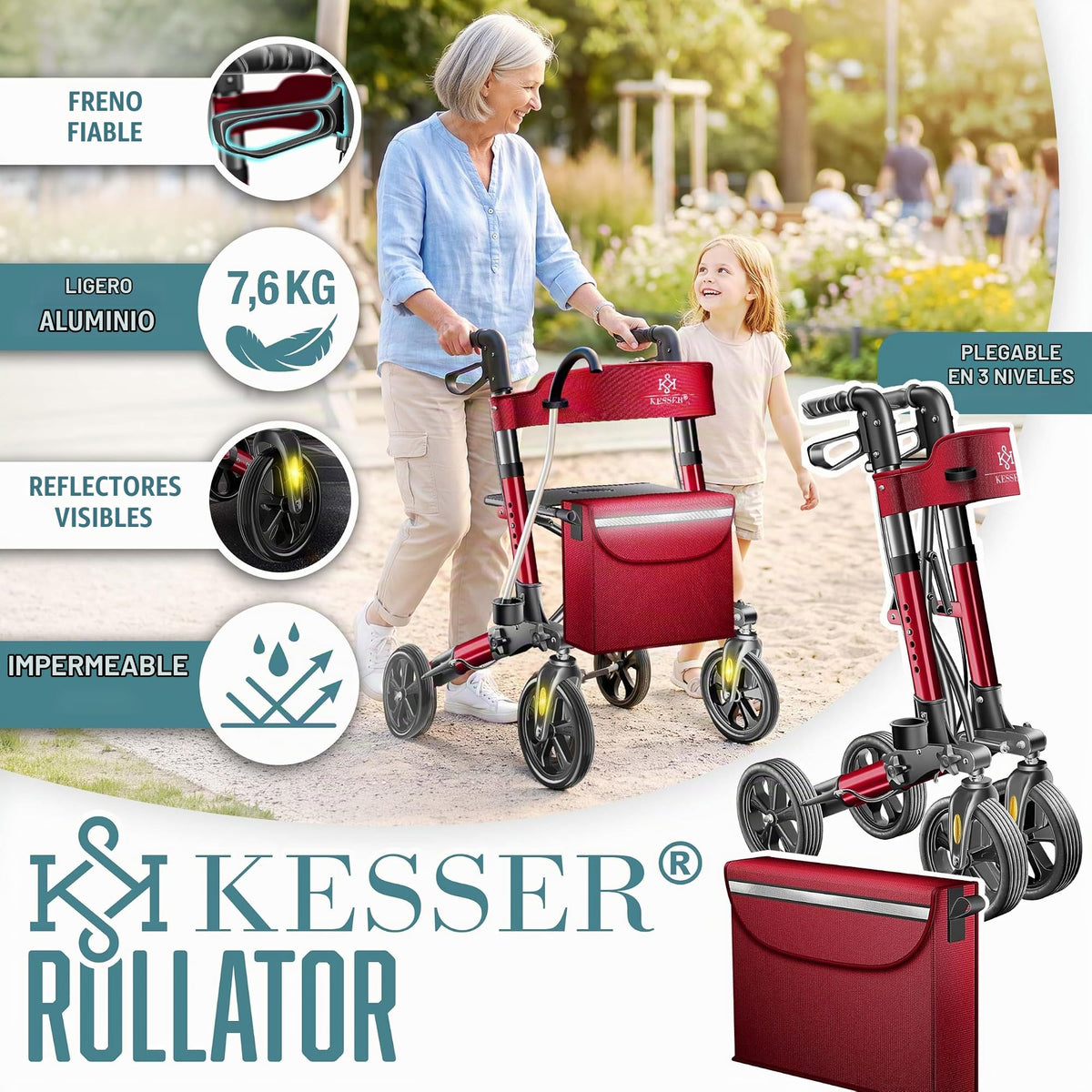 KESSER® Andador plegable con asiento y respaldo, 4 Ruedas/Frenos/Saco de Compra y Porta Bastón, Altura Ajustable 82-94cm, Andador, Carro, Rollator para Ancianos Gris