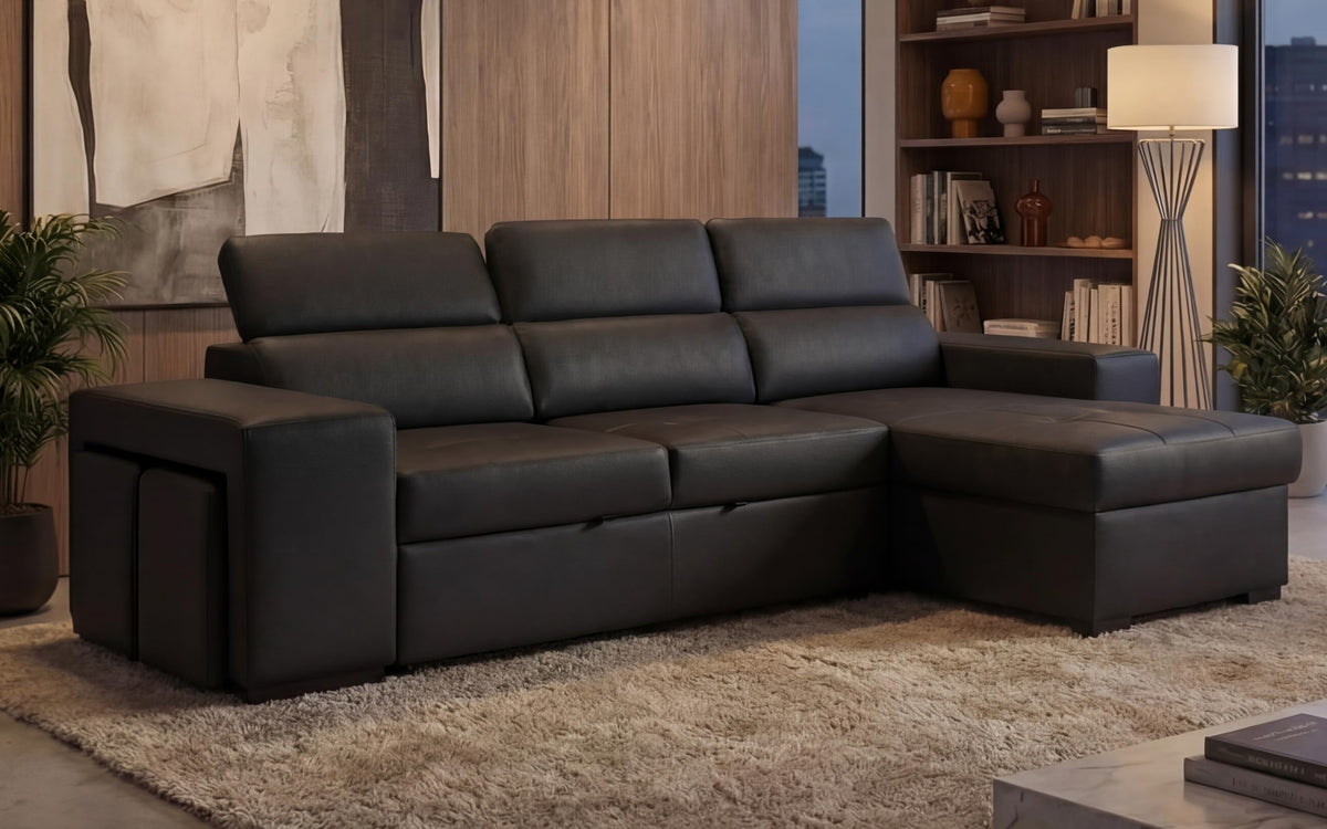 BUDWING John Sofá Cama Esquinero 4 Plazas - Chaise Longue Reversible, Reposacabezas Ajustable y 2 Pufs – Tapizado en Poliéster – Estilo Moderno – 263x161x96 cm – Gris Claro