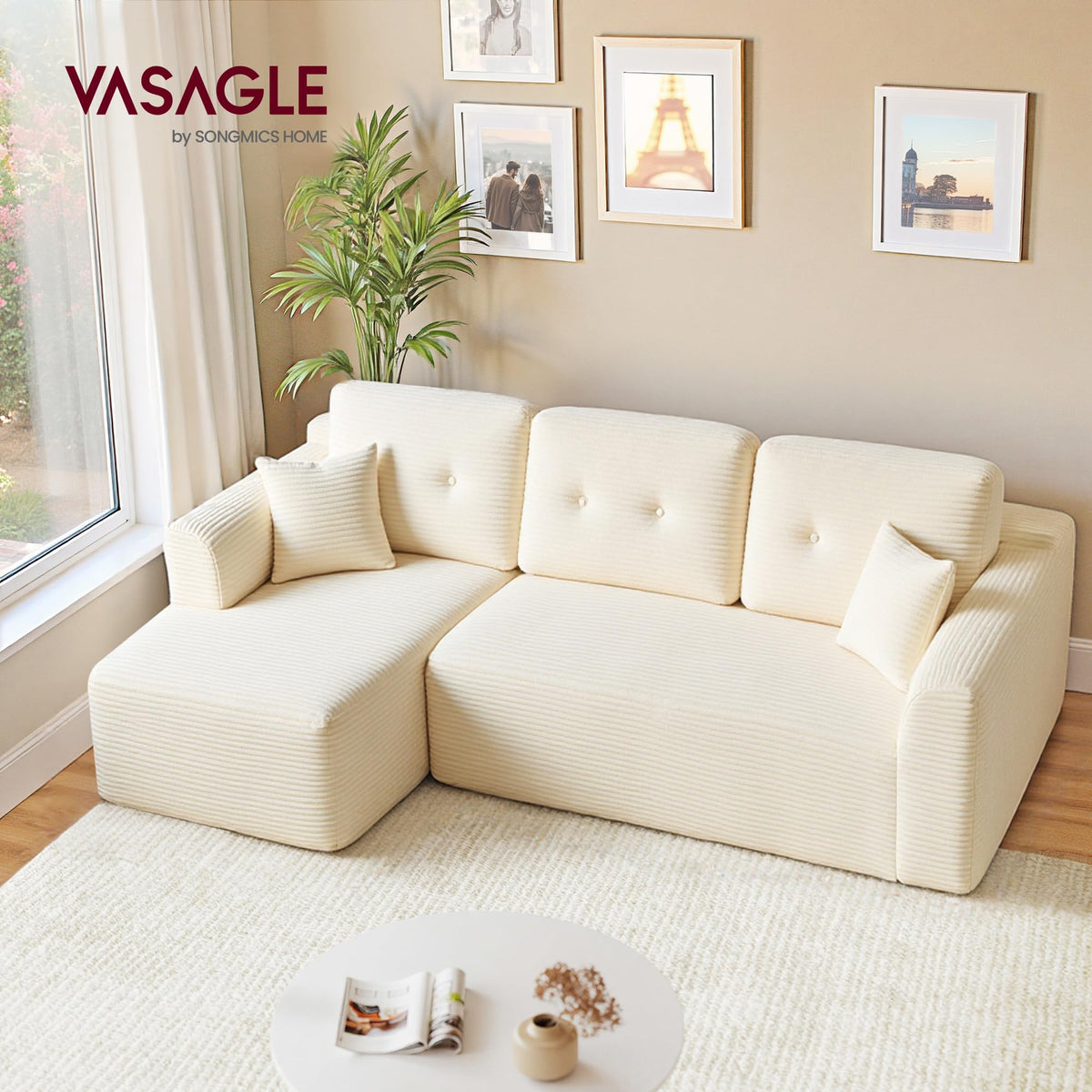 VASAGLE Sofá con Chaise Longue, Esquinero de Pana, Diseño Modular de 3 Plazas, 242 x 152 x 73 cm, Negro, para Salón, Colección Camila LCS183B101