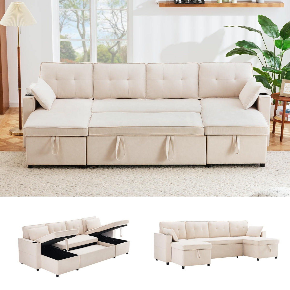 Sapgaks Sofá Seccional en U Moderno,Sofá 4 plazas,Mueble Acolchado de diseño Moderno,Tela de Chenilla (Beige)