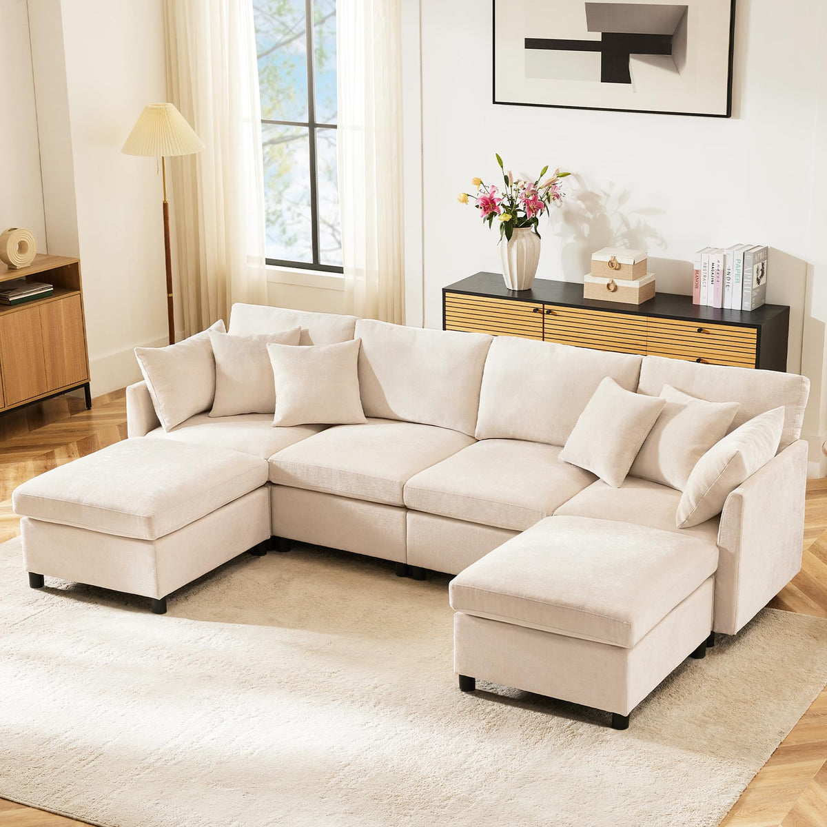 Sapgaks Sofá Seccional en U Moderno,Sofá 4 plazas,Mueble Acolchado de diseño Moderno,Tela de Chenilla (Beige)