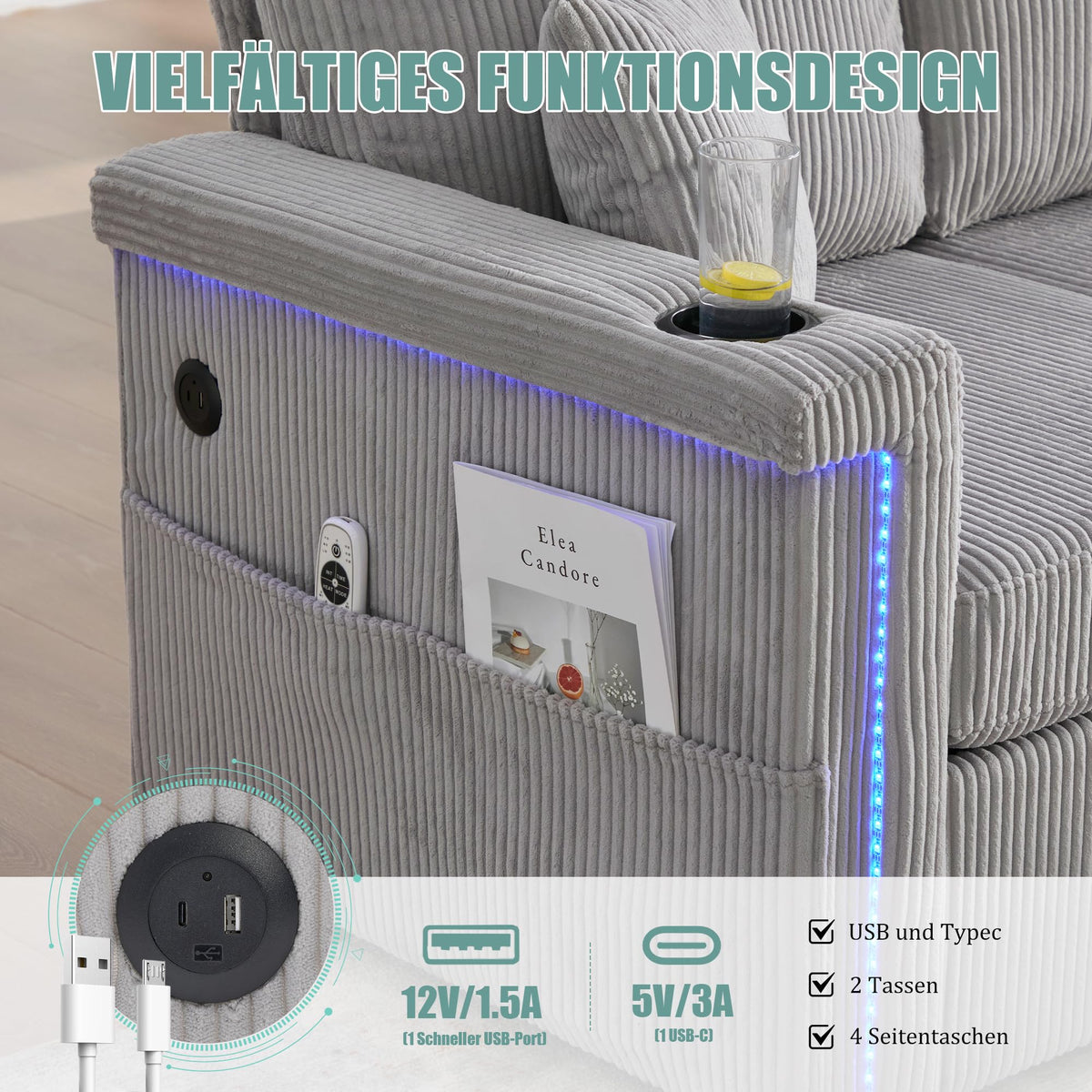 Dolamaní Sofá de terciopelo de 3 plazas con 2 cajones, soporte para bebidas, bolsillos laterales y reposapiés para sala de estar, dormitorio y oficina (beige)