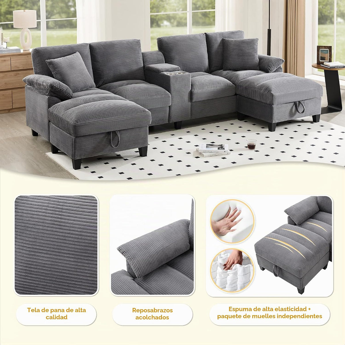 Azkoeesy - Sofá de 4 plazas con 2 reposapiés y espacio de almacenamiento, consola con 2 portavasos y enchufe, 293 cm, forma U, tapizado en pana, adecuado para sala de estar, dormitorio y apartamentos