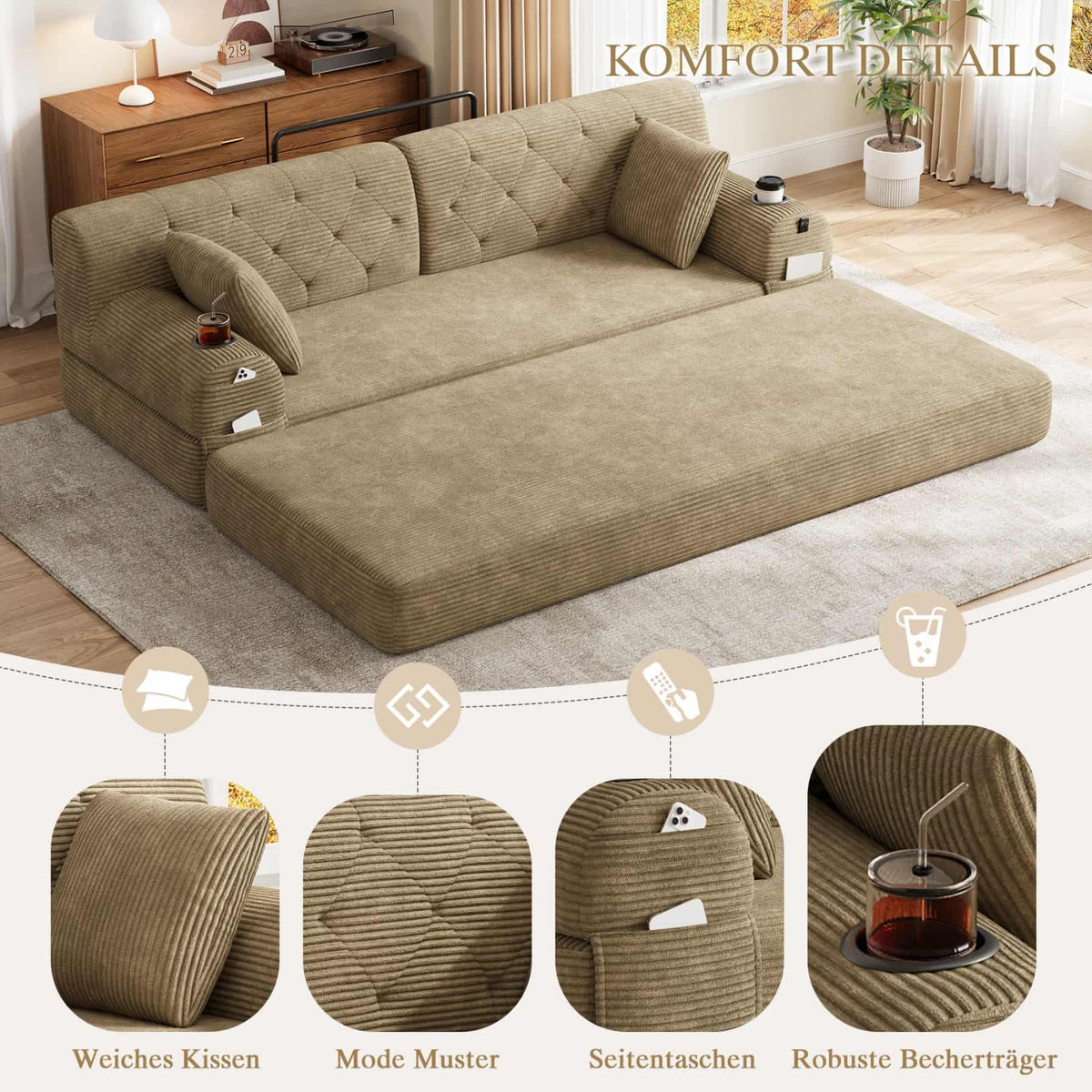 YEHTOKHOME - Sofá de Velor acanalado con respaldo alto y estructura metálica, sofá moderno de 2 plazas con 2 portavasos y 4 bolsillos laterales, para salón, dormitorio (Beige)