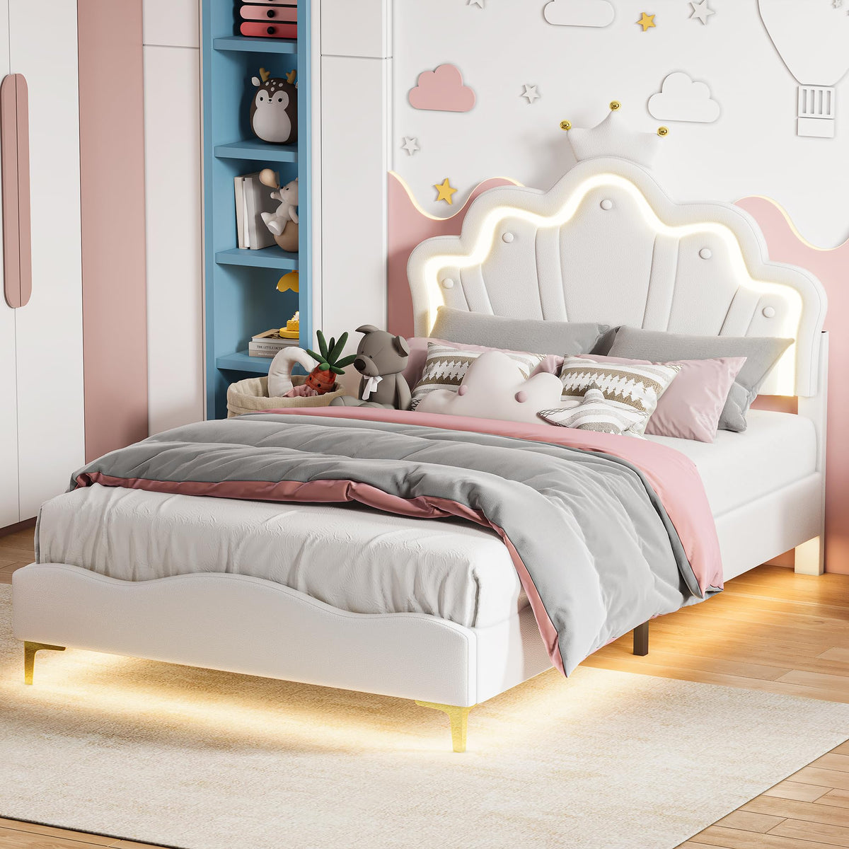 Cama Infantil tapizada 140 x 200 cm con LED, Cama tapizada para niños 140 x 200 con cabecera Ajustable Marco de Camas, Camas de Princesa para Niña en Forma de Corona con Somier(Rosa, 140 x 200)