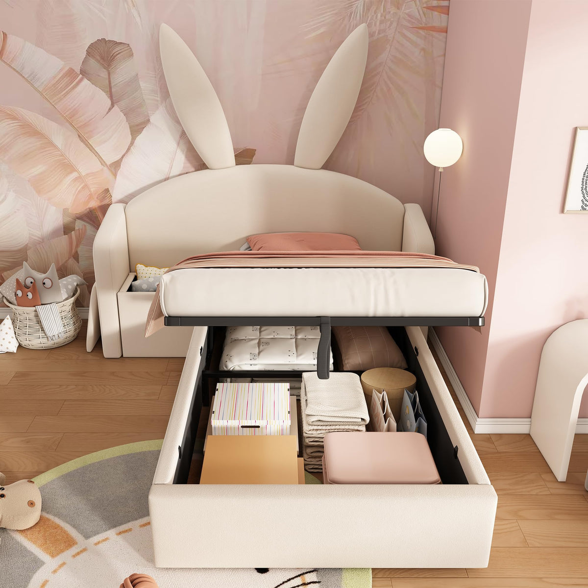 Kebnor Cama tapizada de terciopelo, orejas de conejo, cabecero con espacio de almacenamiento y mesita de noche, cama juvenil de diseño (sin colchón) (beis, 90 x 190 cm)