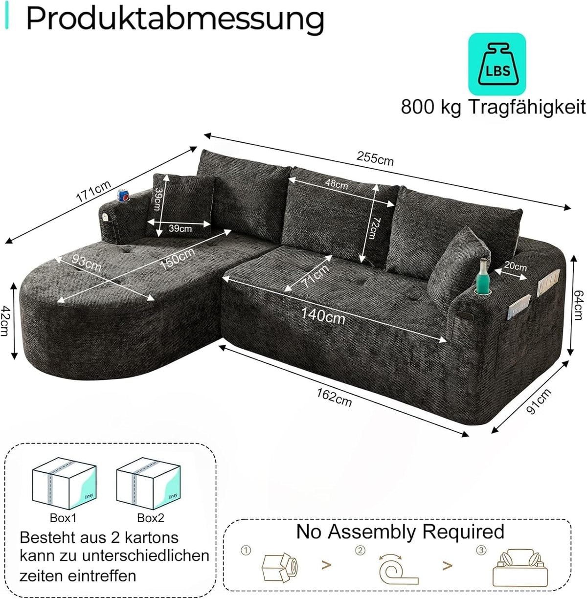 KOMHTOM Sofá Chaise Longue en L con Cojines (Negro)