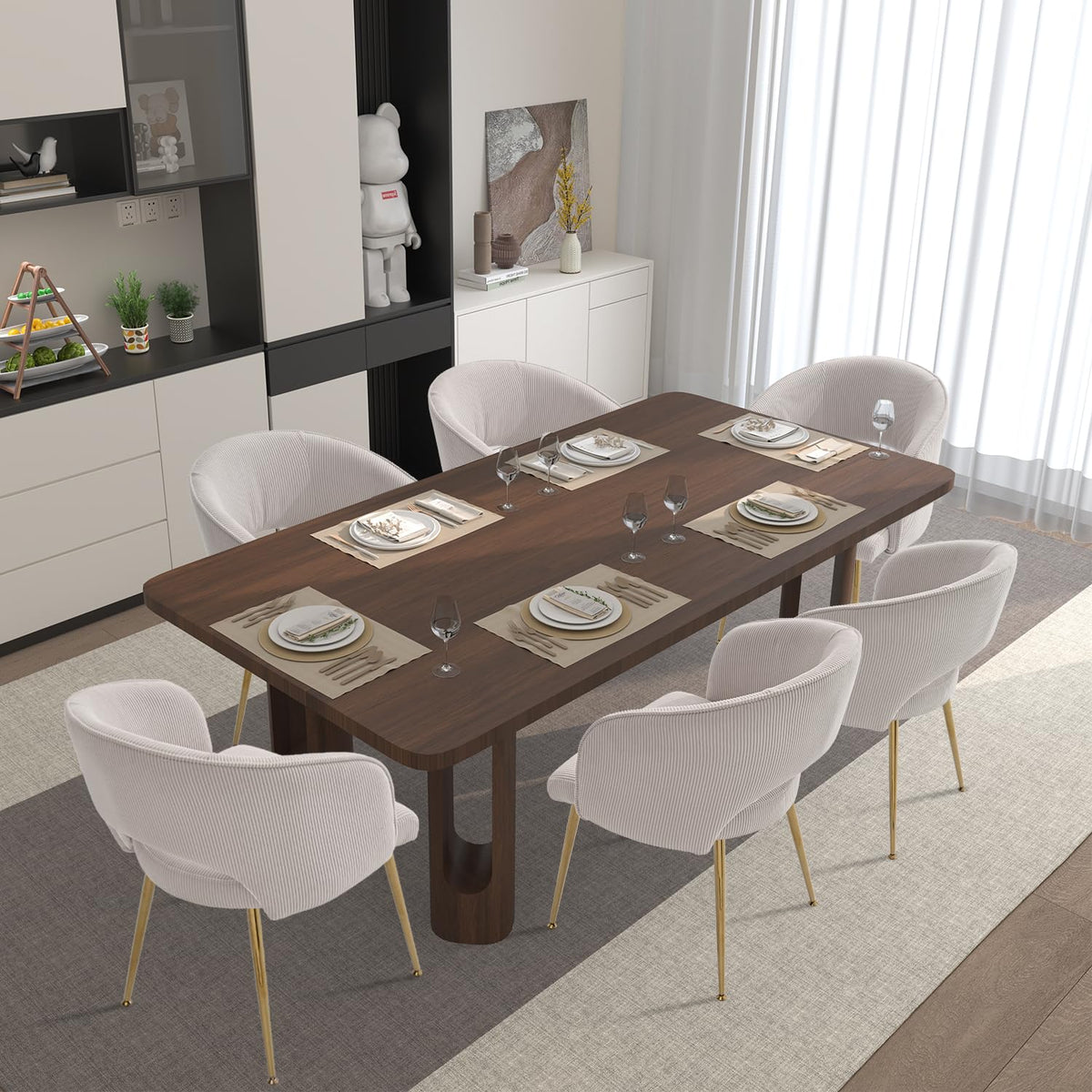 Juego de 6 sillas de comedor de terciopelo, sillas tapizadas con reposabrazos, patas doradas, sillas de cocina, para salón, dormitorio, oficina (6, blanco crema)